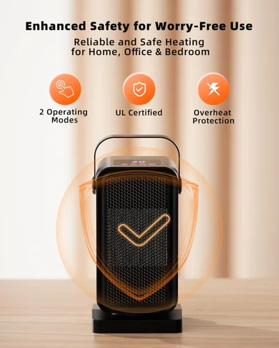 Miniatura 5 de Calentador de espacio pequeño para uso en interiores, calentador de escritorio portátil de calentamiento rápido, modos de alimentación duales, Negro