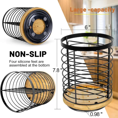 Miniatura 2 de Soporte para utensilios de cocina – 7.2 pulgadas grande giratorio para utensilios de cocina, base de madera + metal, organizador de espátula