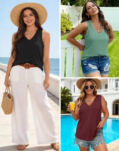 Miniatura 5 de KKJ Paquete de 3 camisetas sin mangas para mujer 2026 primavera verano vacaciones trajes cuello en V suelta sin mangas blusa casual camisas ropa