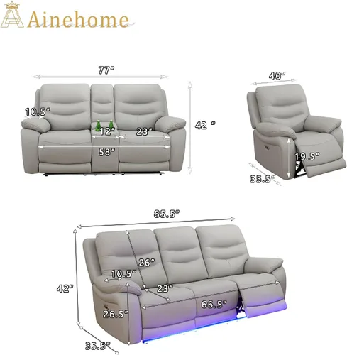 Miniatura 2 de A Ainehome Juego de sofá reclinable eléctrico LED para sala de estar, juego de sofá modular de cuero, sofá reclinable y sofá biplaza con puerto USB