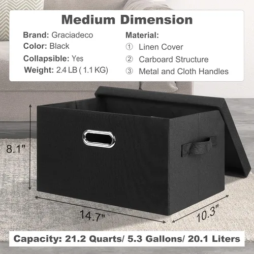 Miniatura 2 de Graciadeco Cajas de almacenamiento plegables y apilables de 15" de 21 cuartos de galón con tapas, paquete de 3 unidades en negro, cajas plegables