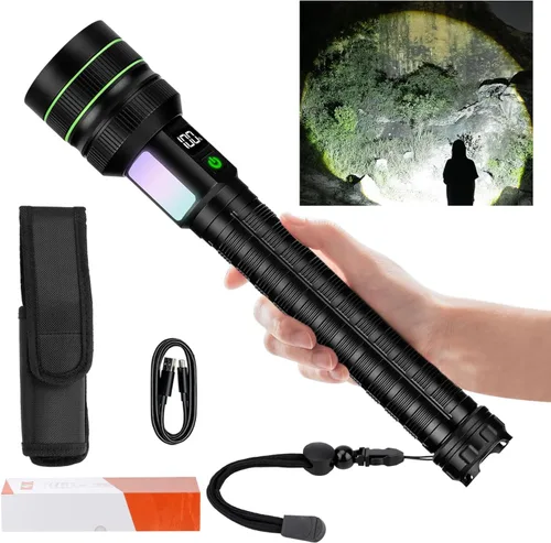 KZK Linterna recargable de 9000 lúmenes altos con mango largo, potente linterna de mano con 11 modos de luz, impermeable y zoomable para el hogar,