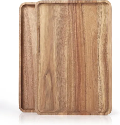Miniatura 10 de 2 piezas de bandejas de madera de acacia maciza de 13 x 9 pulgadas, fuentes rectangulares de madera natural para bar, café, fiesta