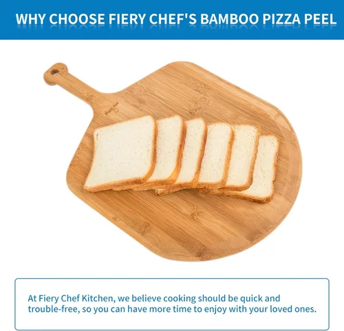 Miniatura 7 de Fiery Chef Pala de pizza de bambú de 12 pulgadas, tabla de cortar de madera ligera y lisa con 8 ranuras para rebanadas, accesorios para horno