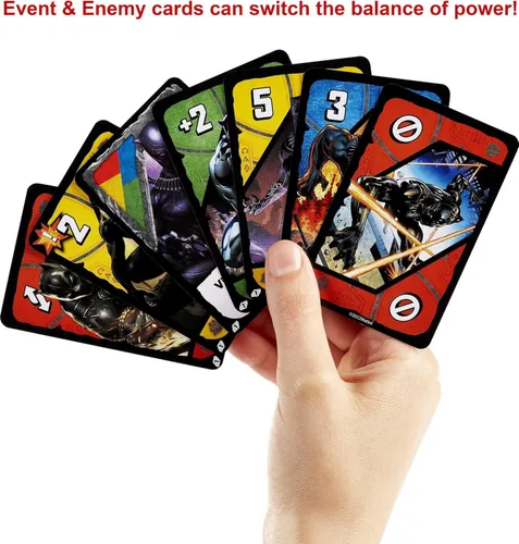 Miniatura 5 de Mattel Games UNO Ultimate Marvel Juego de Cartas con 4 cartas coleccionables de papel metalizado, barajas temáticas de personajes y reglas