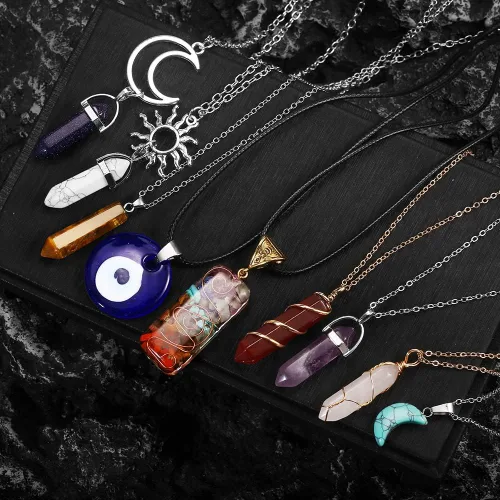 Miniatura 4 de Vintage Crystal Pendant Necklaces for Women Girls Chakra Healing Carnelian Necklace Bohemian Retro Sunflower Necklace Sun and Moon Pendants