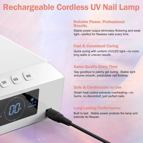 Miniatura 5 de NAILGIRLS Lámpara de uñas LED UV profesional de 60 W para salón y tecnología de uñas, 80 cuentas LED de esmalte de gel de secado rápido, recargable