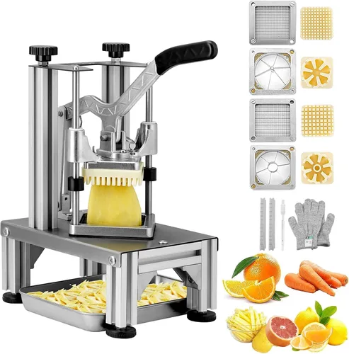 VEVOR Cortador de patatas fritas comercial con 4 cuchillas de repuesto, cortador y picador fácil de 1/4" y 3/8", cortador de 6 cuñas y