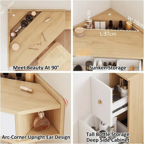 Miniatura 7 de Escritorio esquinero para dormitorio, juego de tocador blanco, con espejo de brillo ajustable, con 1 cajón y armario lateral, con estantes