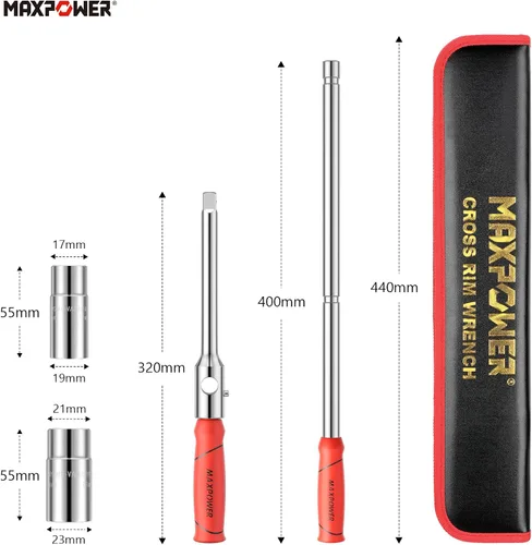 Miniatura 4 de MAXPOWER Llave para ruedas, Llave de neumático con transmisión de 1/2 pulgada y 2 piezas de llaves estándar (17 mm/19 mm, 21 mm/23 mm), Llave