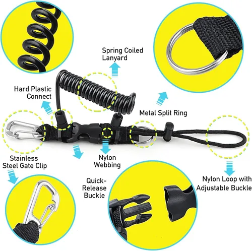 Miniatura 5 de Buceo bobina Landyard, cordón de acero inoxidable para cámara en espiral con hebilla de metal de liberación rápida Amarillo