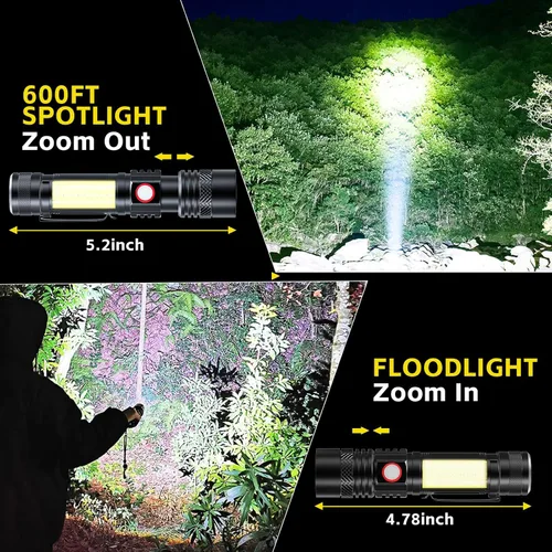 Miniatura 4 de ATDOALL Linterna LED recargable, linternas magnéticas USB con luz lateral de mazorca, pequeñas linternas tácticas, impermeable, zoomable, luz