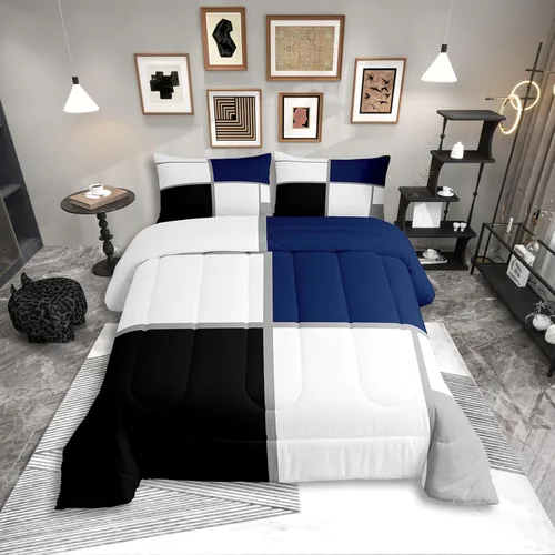 Miniatura 7 de Erosebridal Edredón Cuadrado para Niños y Niñas, Juego de Ropa de Cama Negro y Gris Blanco Azul Marino, Juego de Edredón Geométrico Completo