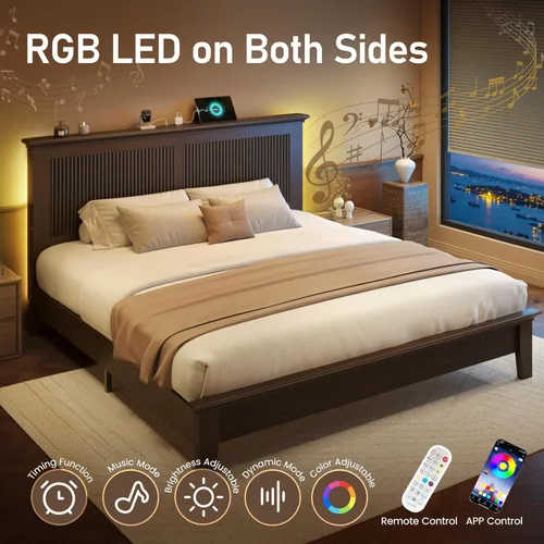 Miniatura 6 de Lifezone Cama Queen de madera, cama de madera maciza con cabecera alta, diseño vintage americano, cama Queen con estación de carga y LED RGB, Nogal