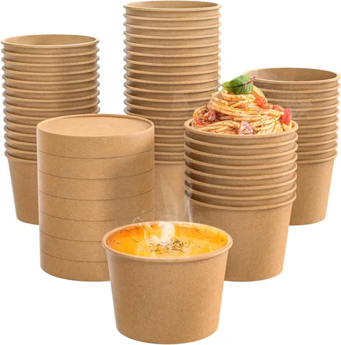 Fit Meal Prep Paquete de 50 recipientes de sopa de papel kraft de 12 onzas con tapa ventilada, vasos de papel caliente o frío, recipiente de