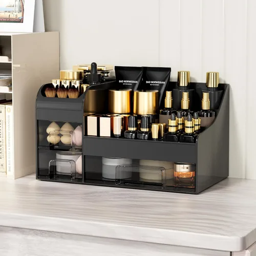 Miniatura 3 de Organizador de maquillaje grande para tocador, organizador de encimera con cajones y soporte para cepillos, organizador de colonia para hombre