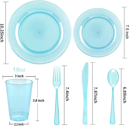 Miniatura 2 de WDF 25 platos azules para invitados con cubiertos desechables y vasos azules, vajilla de plástico transparente neón incluye 25 platos de cena