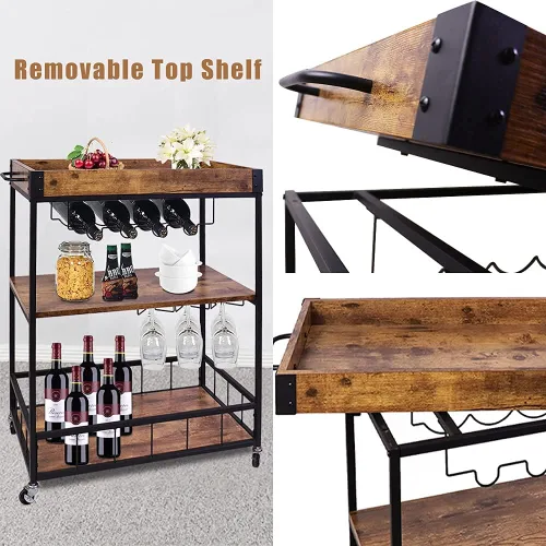 Miniatura 5 de aboxoo Carrito de bar de vino de 3 niveles grande para el hogar, estante de vino rodante con ruedas, carrito de servicio de cocina móvil