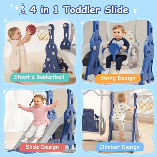 Miniatura 2 de BIERUM Juego de Tobogán y Columpio 4 en 1 para Niños Pequeños, Tobogán para Bebés para Niños Pequeños de 1-2 Años, con Aro de Baloncesto, Juego