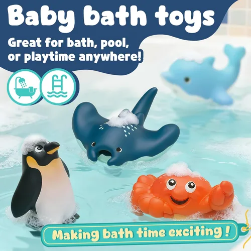 Miniatura 4 de 6 juguetes de baño oceánico para niños pequeños de 6 meses, sin hoyos, juguetes de bañera sin moho, ballena, tiburón, delfín, pingüino, juego