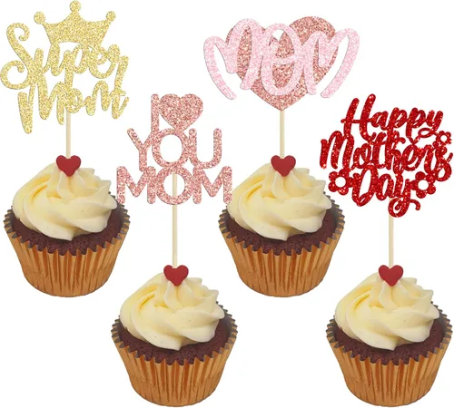 Miniatura 29 de Gyufise 1 pieza de decoración de pastel para el Día de la Madre con purpurina de corazón Love You Mom Cake Pick Rose Flower Best Mom Cupcake Decor