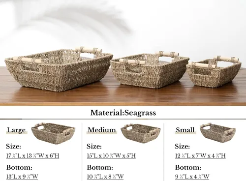 Miniatura 8 de StorageWorks Cestas de almacenamiento grandes tejidas a mano con asas de madera, cestas de mimbre de hierba marina para organizar, paquete de 2