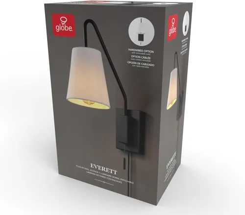 Miniatura 10 de Globe Electric 65000043 Lámpara de pared de 1 luz enchufable o cableada, negro mate, pantalla de tela blanca, brazo oscilante, cable de 1.8 metros