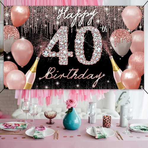 Miniatura 4 de Cartel de fondo de feliz cumpleaños 40, decoración de cumpleaños 40 para mujer, oro rosa, cartel de fiesta de cumpleaños de 40 años, cartel de fondo