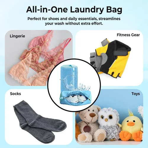 Miniatura 7 de 2 bolsas para lavadora de zapatos con un par de árbol de zapatos y 4 bolas desodorantes, bolsa de lavado de zapatos reutilizable con cremallera Azul