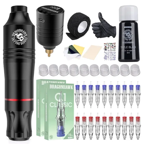 Kit de pistola de tatuaje inalámbrica Dragonhawk Atom - Kit completo de tatuaje para principiantes con 20 agujas de cartucho, fuente de alimentación