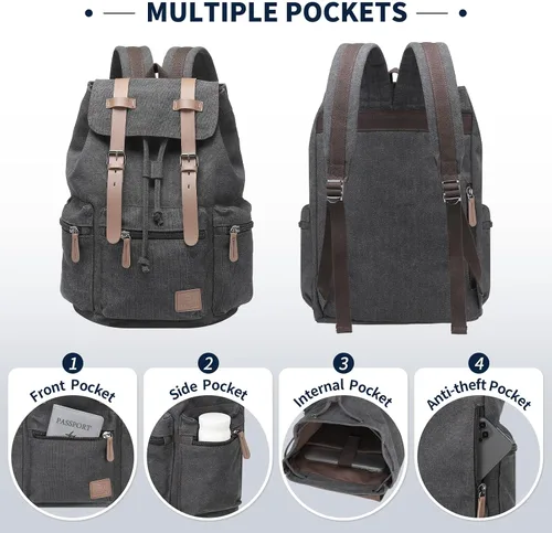 Miniatura 4 de DTGN Mochila de lona vintage para hombres y mujeres, mochila casual duradera con acento de cuero, se adapta a la universidad, trabajo, viajes y al