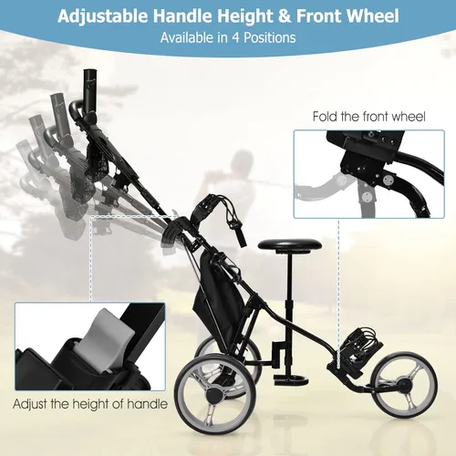 Miniatura 4 de Tangkula Carrito de Golf de Empuje y Tirón con Asiento, Carro Plegable y Colapsable Liviano de 3 Ruedas, Carro de Golf con Freno de Pie, Soporte Gris