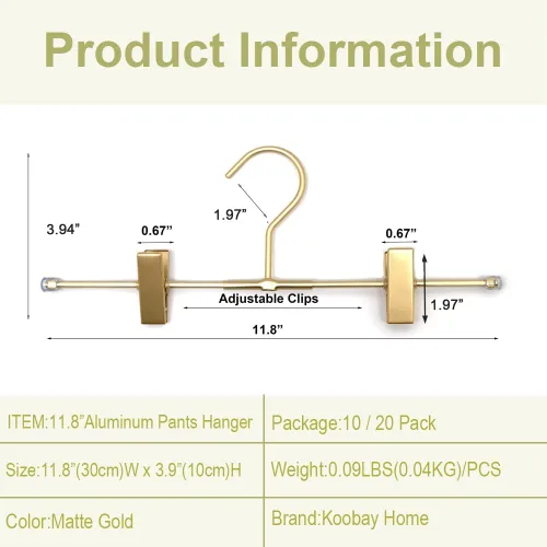 Miniatura 2 de Perchas para pantalones cortos, paquete de 20 perchas para jeans para armario, perchas de aluminio dorado de 11.8 pulgadas con 2 clips ajustables