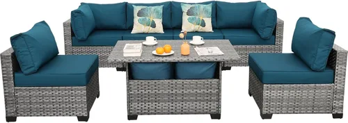 Lviden Juego de muebles de mimbre para patio, juego de sofá de conversación seccional para exteriores con mesa de almacenamiento, cojines Azul pavo