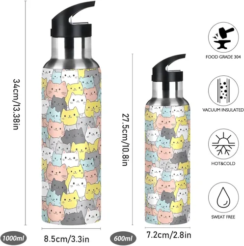 Miniatura 2 de BPA-Free Sports Water Bottle 20 Oz, Insulated Stainless Steel Water Bottle with Straw for Gym Outdoor Travel School, Cute Cats Colorful
