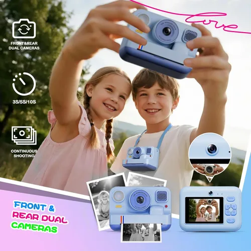Miniatura 5 de Cámara de impresión instantánea para niños, regalos de cumpleaños de Navidad para niñas y niños de 3 a 15 años, cámara de video digital portátil Azul