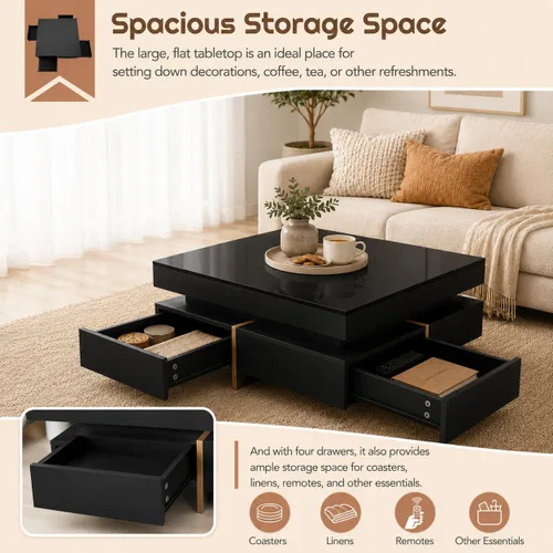 Miniatura 4 de Mesa de centro moderna con almacenamiento, mesa de centro cuadrada contemporánea con cajones, mesa central moderna de alto brillo para sala de Negro
