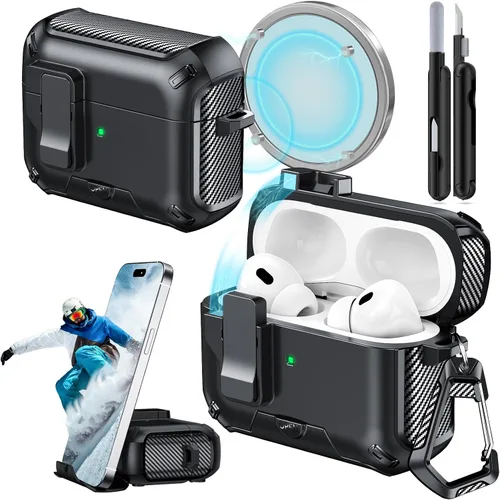 Funda para AirPods Pro 2 (2023/2022/2019) con soporte para teléfono, (con interruptor a presión automático), diseño de fibra de carbono, cubierta de