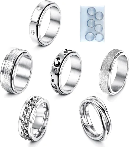 Sanfenly 6 anillos giratorios de acero inoxidable para mujeres y hombres anillos antiansiedad anillo de luna estrella arena acabado explosivo alivio