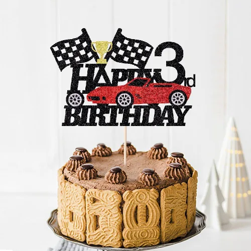 Miniatura 5 de Decoración de pastel de auto de carreras de 3 años, decoración de pastel de feliz tercer cumpleaños, auto de carreras, bandera a cuadros, rueda