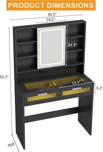 Miniatura 8 de Hadulcet Escritorio de tocador negro con espejo deslizante y luces LED, mesa de tocador de vidrio de 35.5 pulgadas con tomas de corriente, cajones