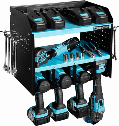 DURATECH Organizador de herramientas eléctricas para montaje en pared con regleta eléctrica, acero al carbono, azul, 16.8 pulgadas de ancho, 10.9