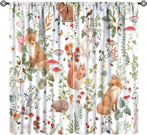 Miniatura 17 de Cortinas opacas de dibujos animados de animales de bosque naranja, zorro, flores, luna, hojas azules, arte abstracto, niños y niñas, decoración