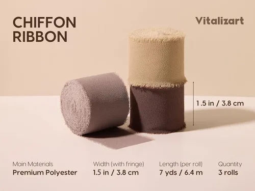Miniatura 2 de Vitalizart Cinta de seda de gasa marrón hecha a mano con flecos de 1.5 pulgadas x 21 yardas, bordes deshilachados marrón y nude para invitaciones