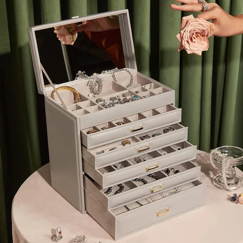 Miniatura 2 de Vlando Enormes cajas de joyería de 6 niveles, aretes de cuero, anillos, collar, organizador de relojes, caja para mujeres, niñas, hombres, armarios
