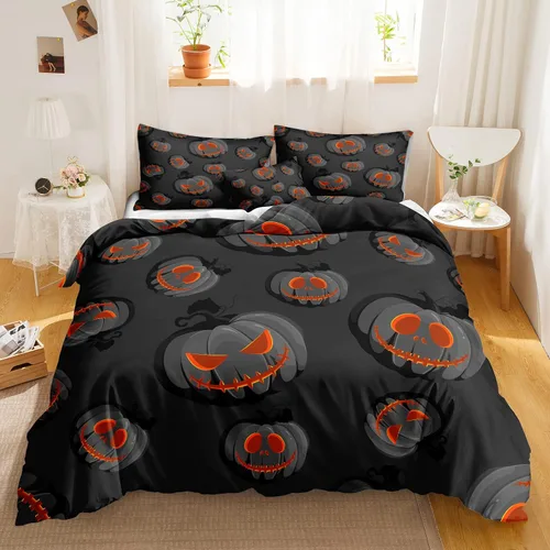 Miniatura 22 de Juego de funda de edredón de calabaza para Halloween, divertido diseño de calabaza malvada, color negro, juego de ropa de cama Tiwn 1 funda