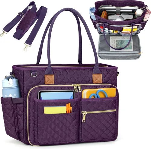 Miniatura 9 de RAINSMORE Bolsa de mano para profesores, bolsa de computadora portátil de 15.6 pulgadas para mujer, bolsas de trabajo, bolsa de enfermera, bolsa