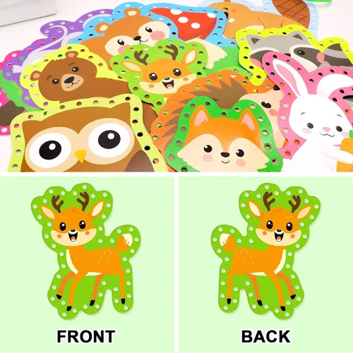 Miniatura 7 de Omlisca Tarjetas con cordones de animales del bosque para niños, paquete de 12 tarjetas de costura de animales del bosque, búho, zorro, oso, bosque