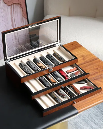 Miniatura 7 de Estuche Expositor de Cuchillos de Bolsillo para Hombre, Juego de Cuchillos Plegables de 22-26 Pulgadas con Acabado de Nogal, Organizador de Walnut