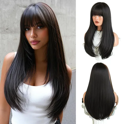 Miniatura 8 de PARK YUN 27IN Cool Ash Platinum Blonde Straight Wig with Bangs Long Layered Synthetic Wig Shadow Root Light Beige Blonde Hair Heat Resistant Natural